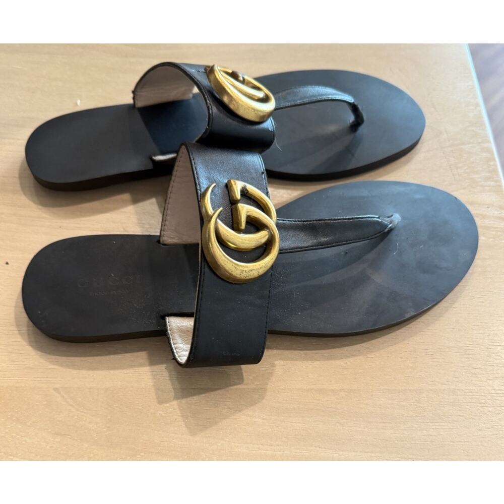 Gucci Marmont GG Women Thong Sandals Black Leather Size 39 US 8.5 Hardware Flaw - Picture 2 of 10